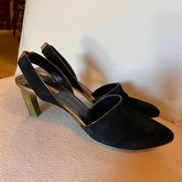 Dries Van Noten Shoes - Dries Van Noten Black Suede Slingback Pumps 37